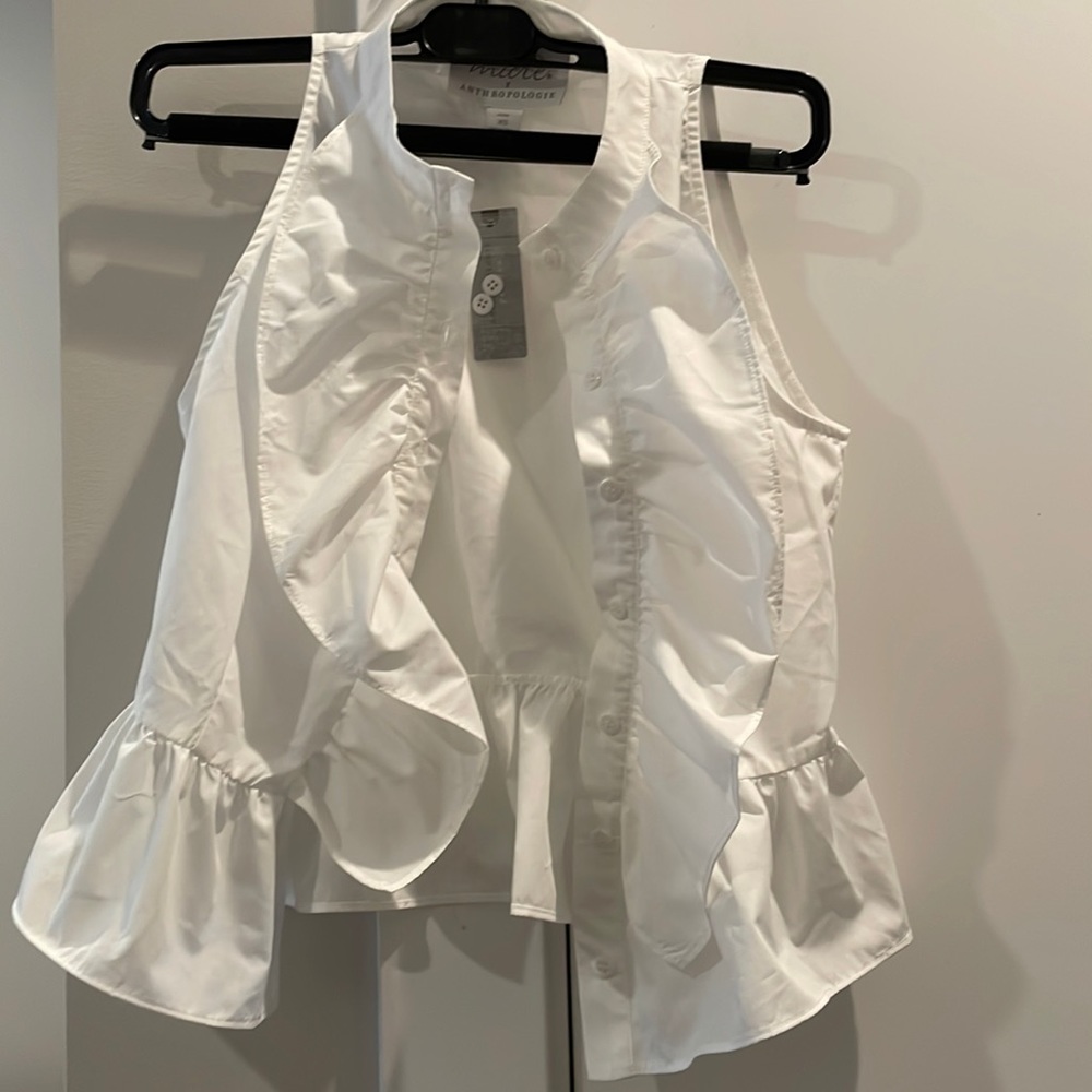 Anthro XS petite white ruffle blouse sleeveless NWT